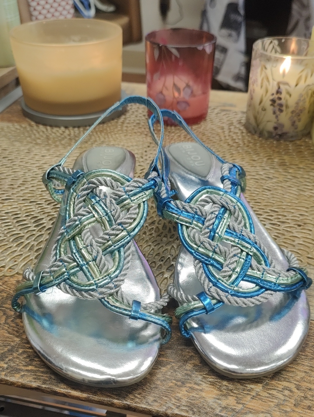 Woven Rope Detail Slingback Sandals - Silver with Blue-Green Accents